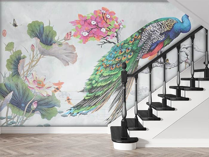 Beautiful Peacock Sitting on a Branch Wallpaper shown in a room