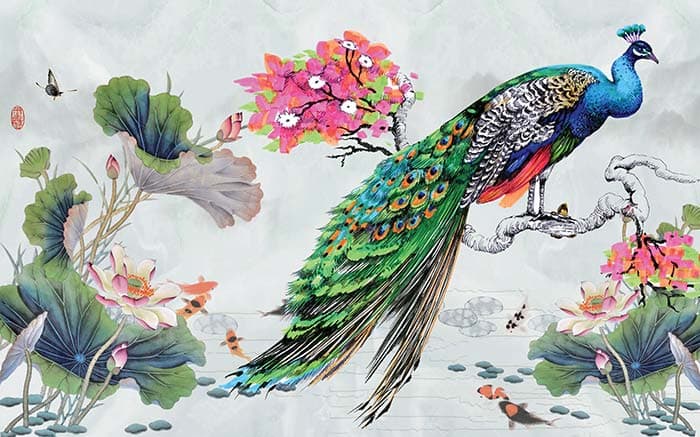 Beautiful Peacock Sitting on a Branch Wallpaper pattern detail