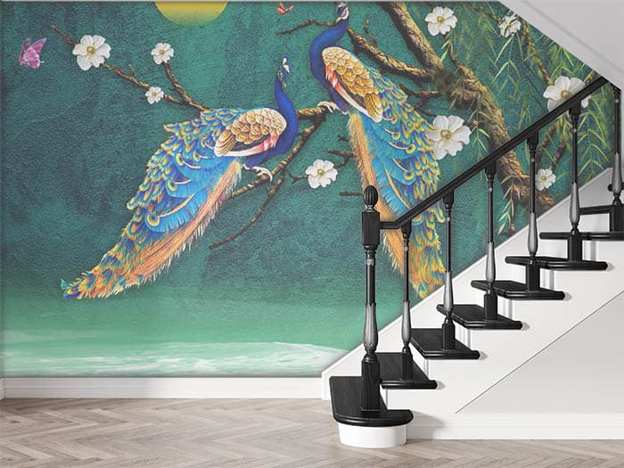 Royal Peacocks in Golden Sunset Wall Decor Wallpaper shown in a room