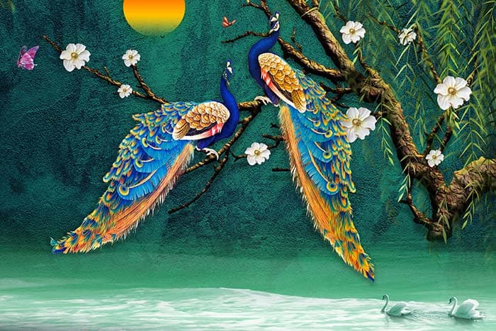 Royal Peacocks in Golden Sunset Wall Decor Wallpaper pattern detail