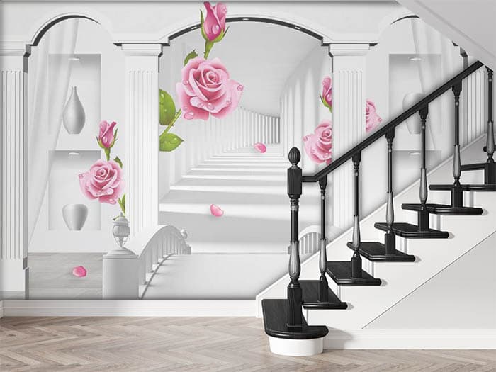 3D Effect Wall With Pink Roses Wallpaper for Wall shown in a room