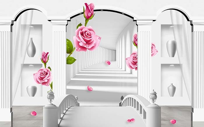 3D Effect Wall With Pink Roses Wallpaper for Wall pattern detail