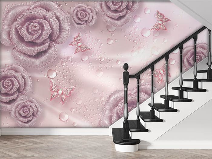 Studded Pink Roses Wallpaper for Wall shown in a room