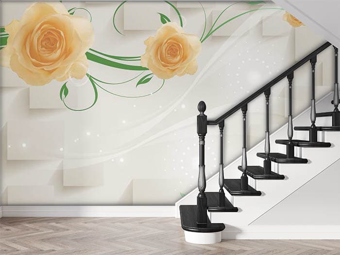 3D Yellow Roses Wallpaper for Wall shown in a room