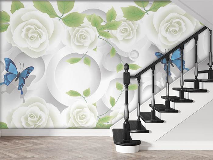 Blue Butterflies and Rings Wall Mural Wallpaper shown in a room