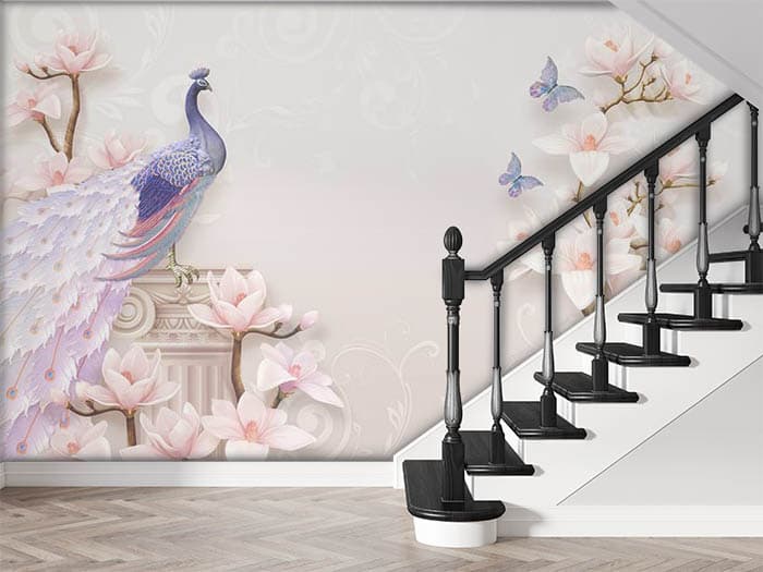 Elegant Royal Peacock Feather Interior Wallpaper shown in a room