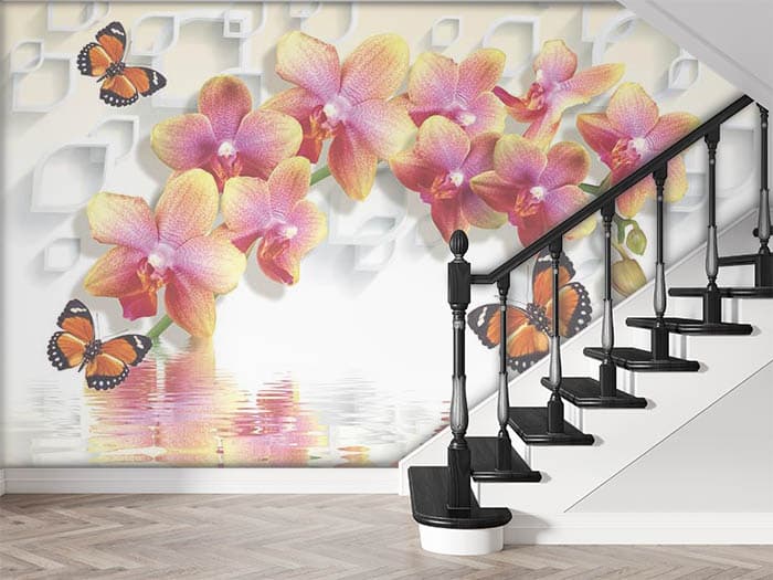 Beautiful Orange Butterflies with Blooming Flowers Wallpaper shown in a room