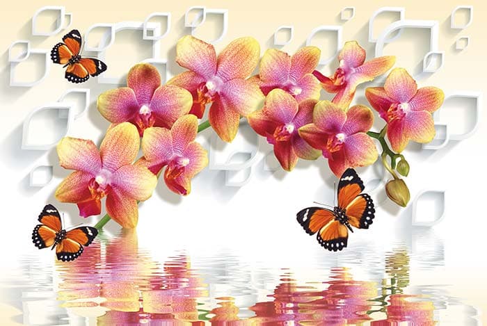 Beautiful Orange Butterflies with Blooming Flowers Wallpaper pattern detail