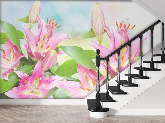 Premium Pink Lilies Nature Design Wallpaper shown in a room