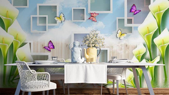 3D Swans and Butterflies Wallpaper shown in a room