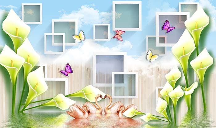 3D Swans and Butterflies Wallpaper pattern detail