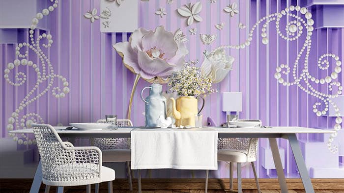 3D Purple and White Floral Wallpaper shown in a room