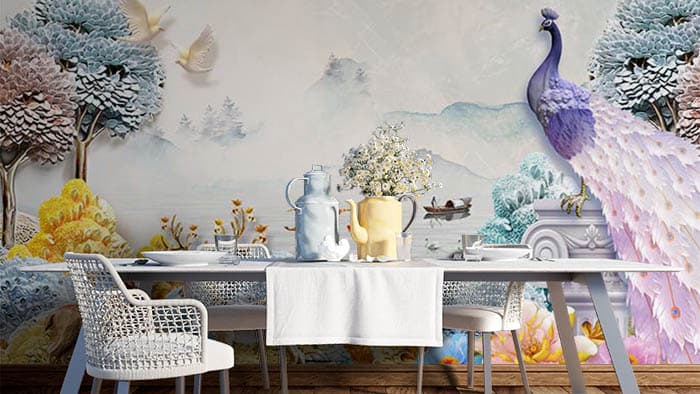 3D Colorful Nature Background with Beautiful Peacock and deer Wallpaper shown in a room