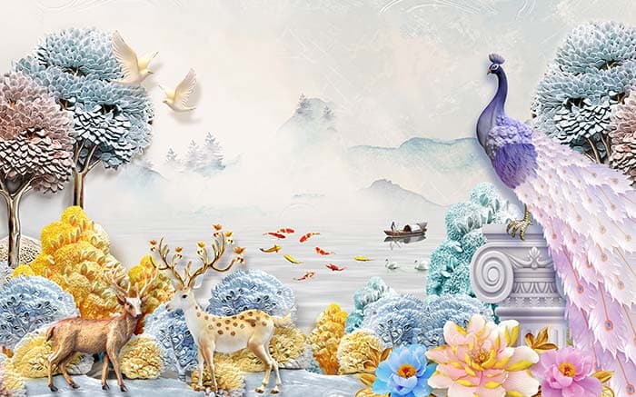 3D Colorful Nature Background with Beautiful Peacock and deer Wallpaper pattern detail