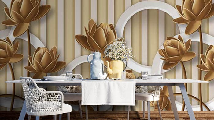 Shimmering Golden Feathers Wallpaper Mural shown in a room