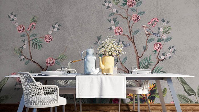 Pink Floral Chinoiserie Wallpaper Mural shown in a room