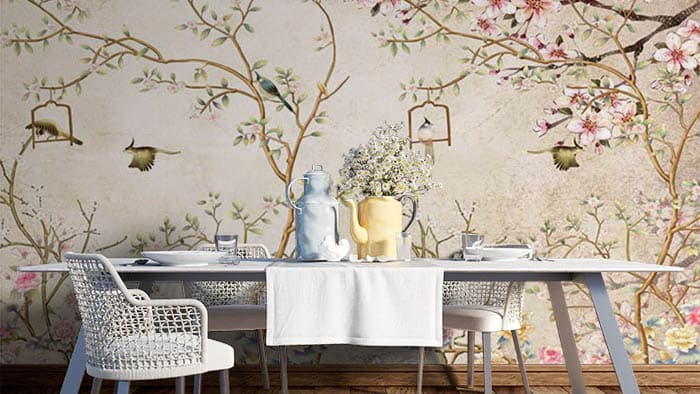 Beige Floral Birdie View Wallpaper shown in a room