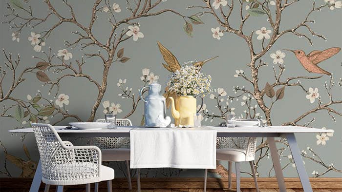 Luxury Bejeweled Blossom Floral Theme Wallpaper shown in a room