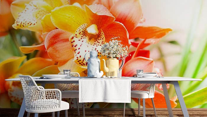 Sunny Garden Orange and Yellow Flower Wallpaper Mural shown in a room