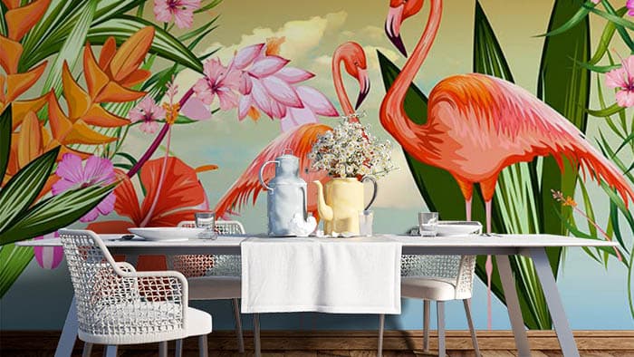 Beautiful Flamingos Scenery Wallpaper shown in a room