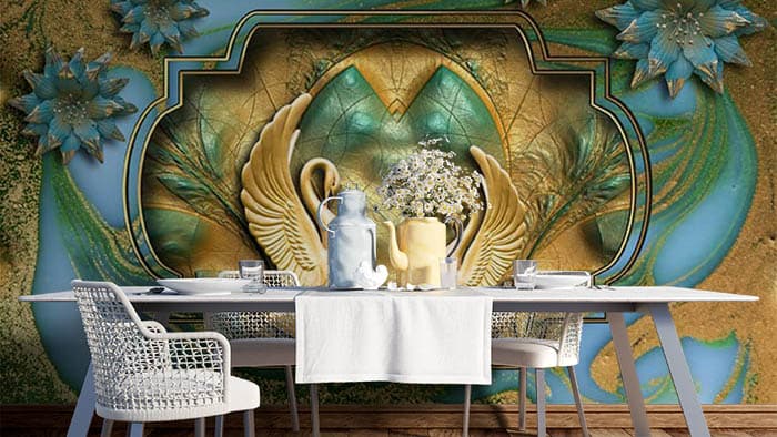 Golden Swan Mural Wallpaper shown in a room