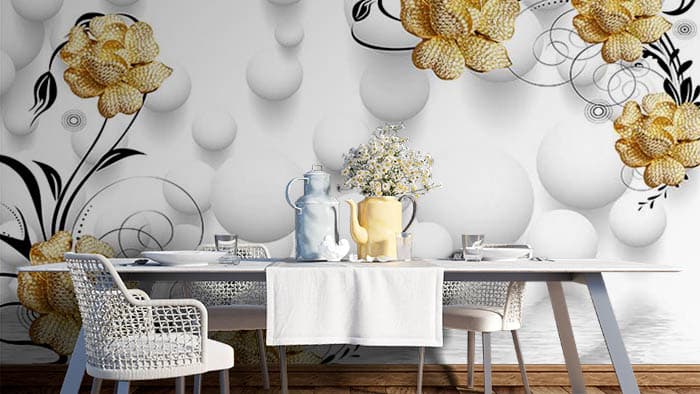 A Wallpaper of Golden Flowers and White Balls shown in a room