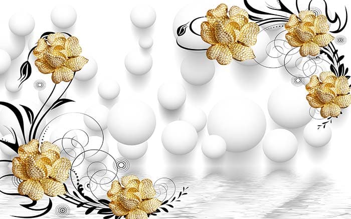 A Wallpaper of Golden Flowers and White Balls pattern detail