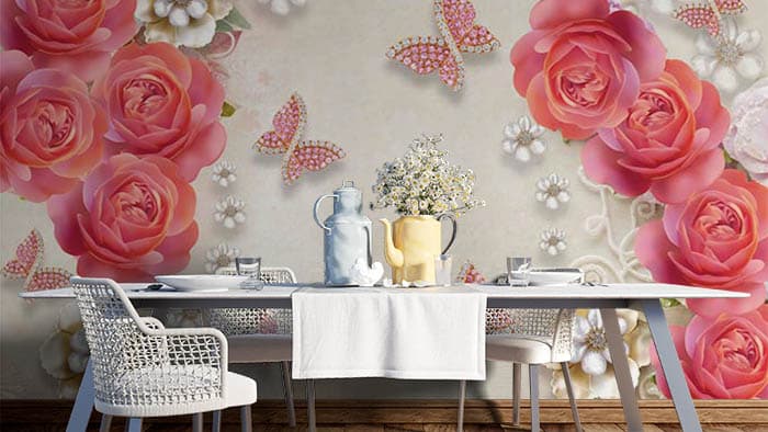 Red Flower and Butterflies Wallpaper shown in a room
