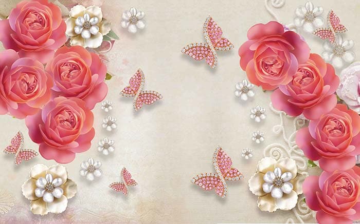 Red Flower and Butterflies Wallpaper pattern detail