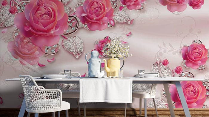 Pink Rose With Shining Leaves 3D Wallpaper shown in a room
