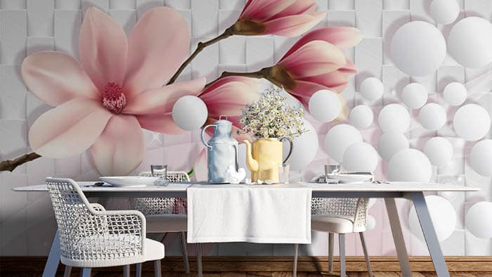 White Balls with Tulip Flower and Textured Background shown in a room