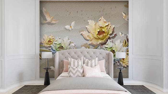 3D Effect Birds and Flowers Mural Wallpaper shown in a room