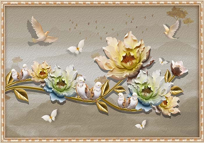 3D Effect Birds and Flowers Mural Wallpaper pattern detail