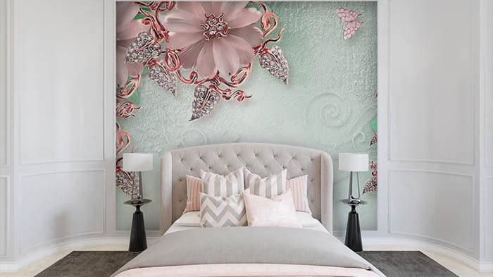 Elegant Soft Pink Floral and Butterfly Accent Wallpaper shown in a room