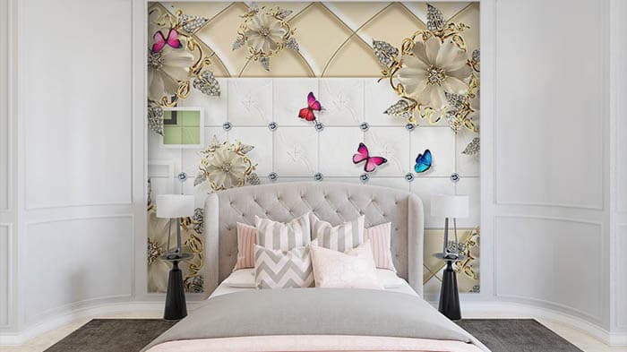 Elegant padded tile design with subtle depth look wallpaper shown in a room
