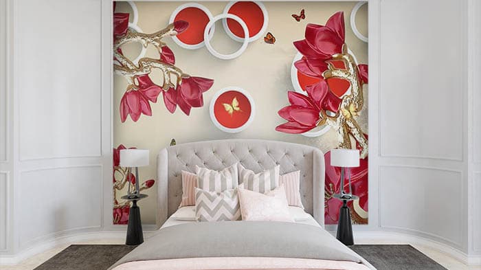 3D Red Rings and Flowers Wallpaper Mural shown in a room