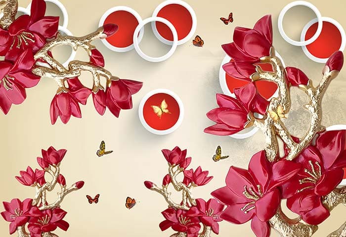3D Red Rings and Flowers Wallpaper Mural pattern detail