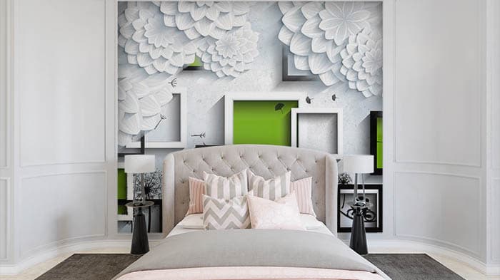 Shelves Behind Flowers shown in a room
