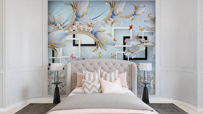 Shelves behind Flowers shown in a room