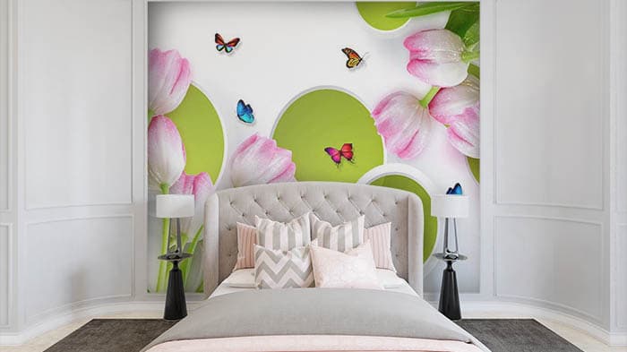 Stylish Nature Floral Butterfly Pattern Design Wallpaper shown in a room