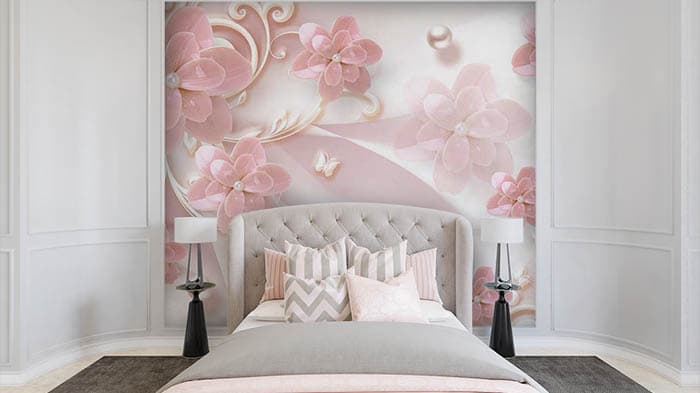 3D Light Pink Flower with Pearl and Butterfly Wallpaper shown in a room