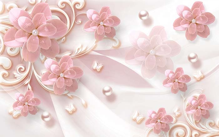 3D Light Pink Flower with Pearl and Butterfly Wallpaper pattern detail