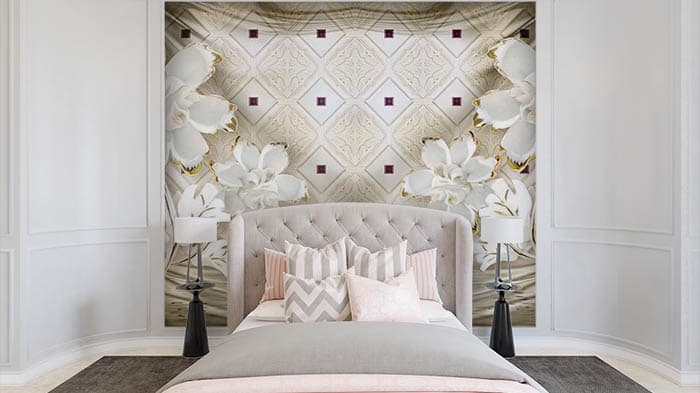 Floral White Sheets Design Wallpaper Mural shown in a room