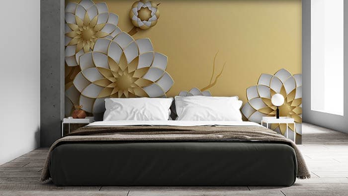3D Golden Hue Floral Design Wallpaper shown in a room