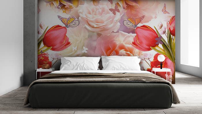 Different Shades of Roses With Butterflies Wallpaper for Wall shown in a room