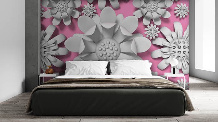 White Flower with Pink Background Wallpaper shown in a room