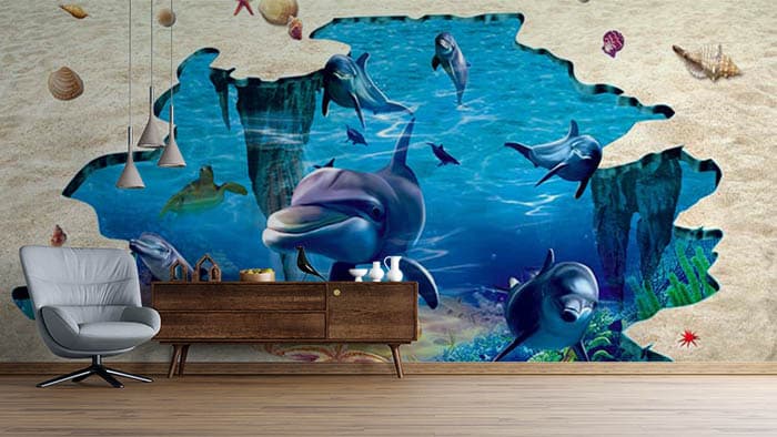 Dreamy Dolphin Ocean Wall Mural Wallpaper shown in a room