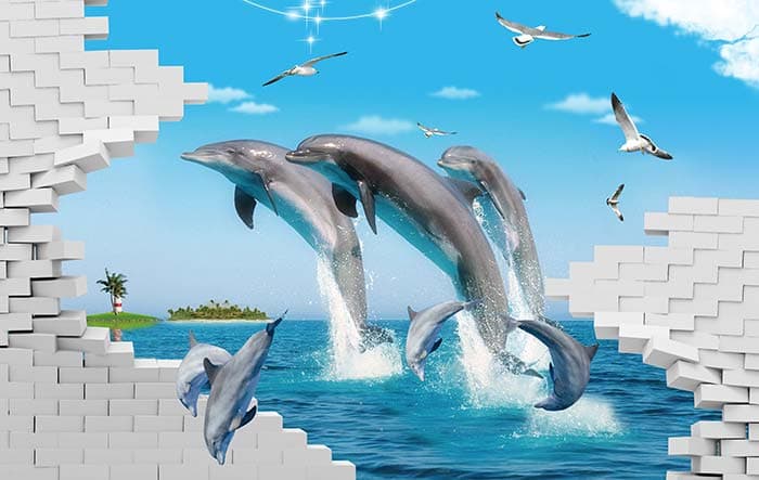 Elegant Dolphins Swimming in Blue Sea Wallpaper pattern detail