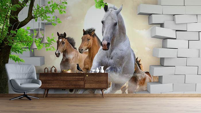 3D Effect Running Horses Wallpaper for Home shown in a room
