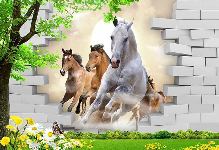 3D Effect Running Horses Wallpaper for Home pattern detail